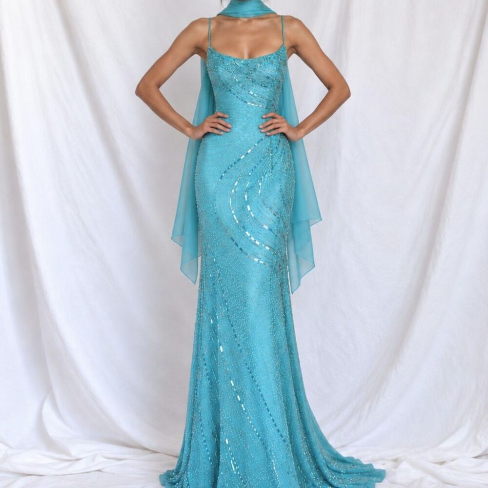 Vintage Y2K Blue Beaded Sequin Fitted Formal Maxi Prom Dress W/ Shawl Size M